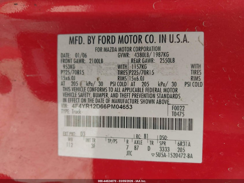 2006 MAZDA B2300 TRUCK 2.3L I-4 DOHC, 143HP