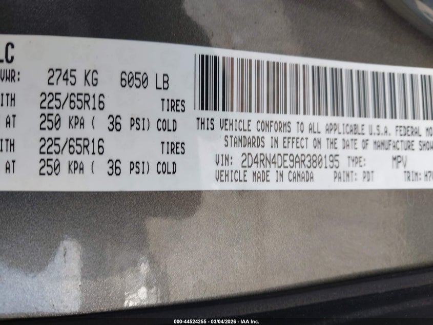 DODGE GRAND CARAVAN 2010 VIN 2D4RN4DE9AR380195