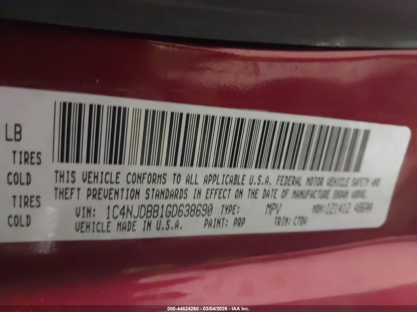 2016 Jeep Compass Sport VIN: 1C4NJDBB1GD638690 Lot: 44524260