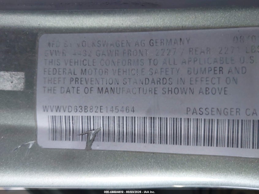 2002 Volkswagen Passat Gls VIN: WVWVD63B82E145464 Lot: 44524412