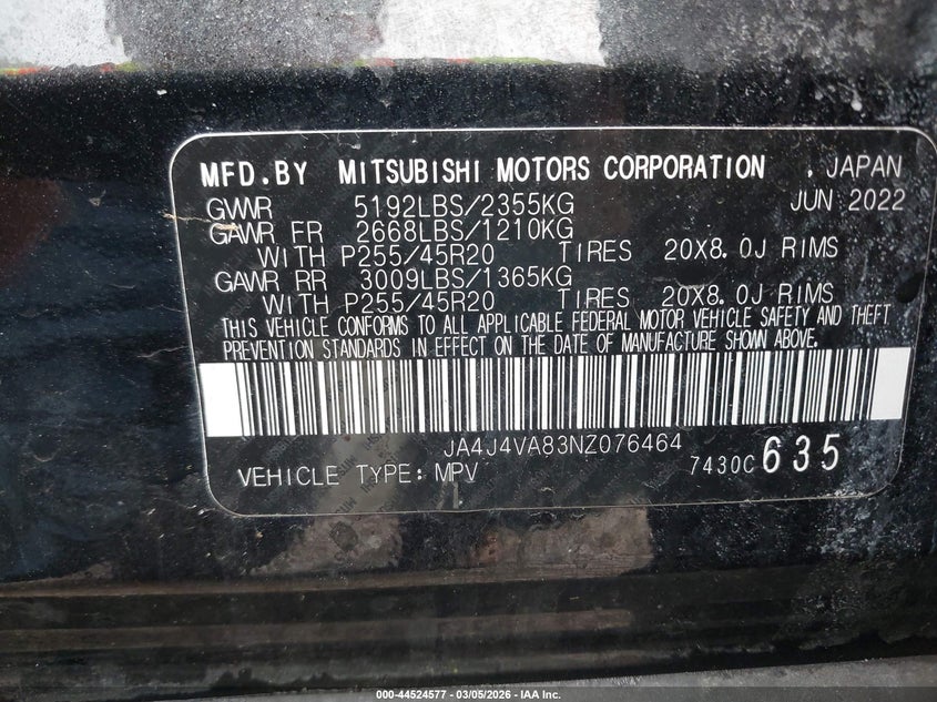 2022 Mitsubishi Outlander Sel 2.5 S-Awc/Sel Launch Edition S-Awc/Sel Special Edition S-Awc VIN: JA4J4VA83NZ076464 Lot: 44524577