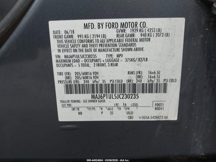 VIN MAJ6P1UL5JC230235 2018 FORD ECOSPORT SE