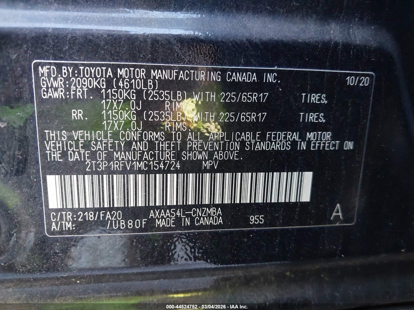 VIN 2T3P1RFV1MC154724 2021 TOYOTA RAV4 XLE