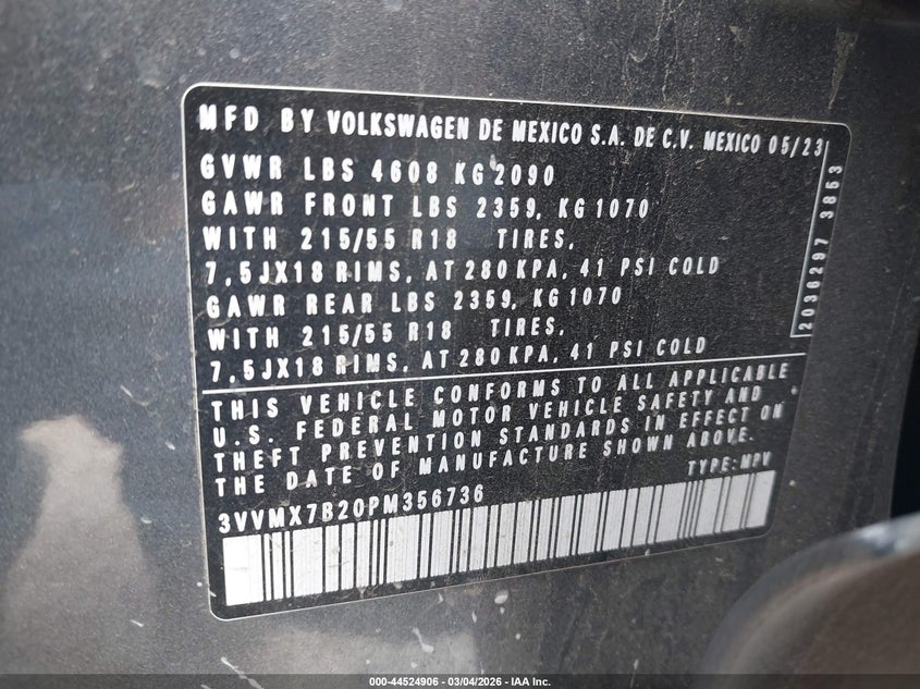 2023 Volkswagen Taos 1.5T S VIN: 3VVMX7B20PM356736 Lot: 44524906