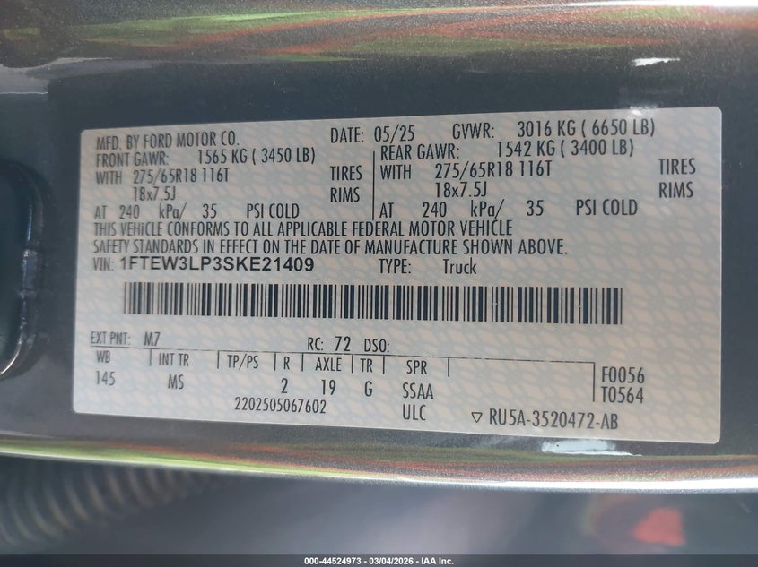 2025 FORD F-150(VIN: 1FTEW3LP3SKE21409