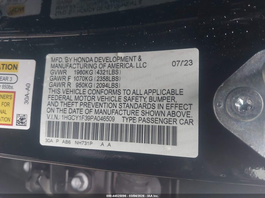 VIN 1HGCY1F39PA046509 2023 HONDA ACCORD EX