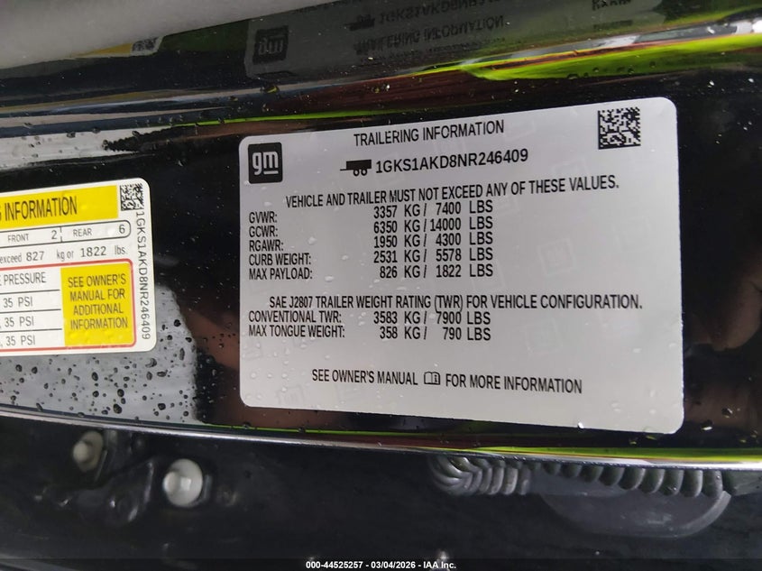 2022 GMC Yukon 2Wd Sle VIN: 1GKS1AKD8NR246409 Lot: 44525257