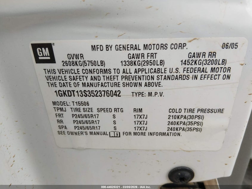 2005 GMC Envoy Slt VIN: 1GKDT13S352376042 Lot: 44525321