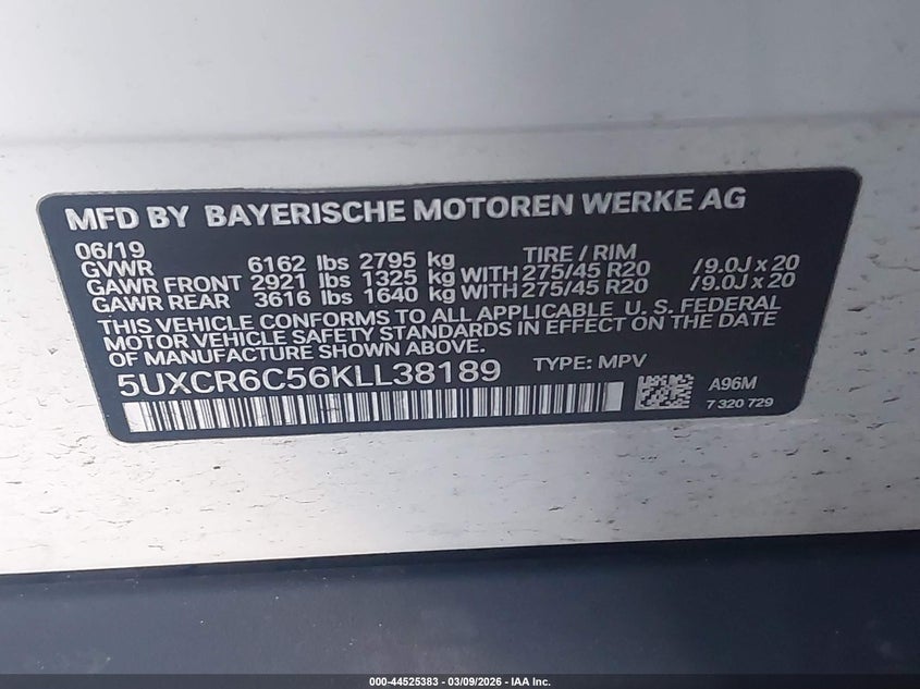 2019 BMW X5 xDrive40I VIN: 5UXCR6C56KLL38189 Lot: 44525383