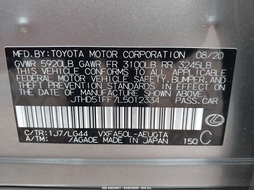 2020 Lexus Ls 500 VIN: JTHD51FF7L5012334 Lot: 44525421