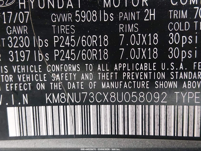 2008 Hyundai Veracruz Gls/Limited/Se VIN: KM8NU73CX8U058092 Lot: 44525470