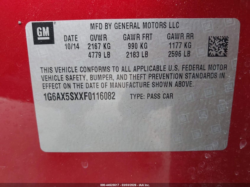 2015 Cadillac Cts Luxury VIN: 1G6AX5SXXF0116082 Lot: 44525517