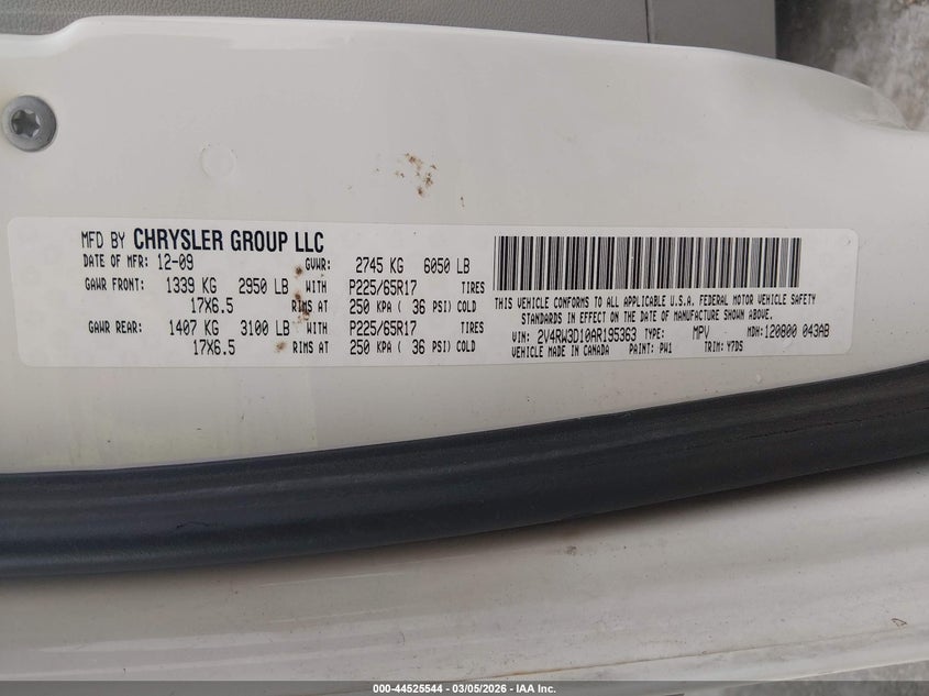 2010 Volkswagen Routan Se VIN: 2V4RW3D10AR195363 Lot: 44525544