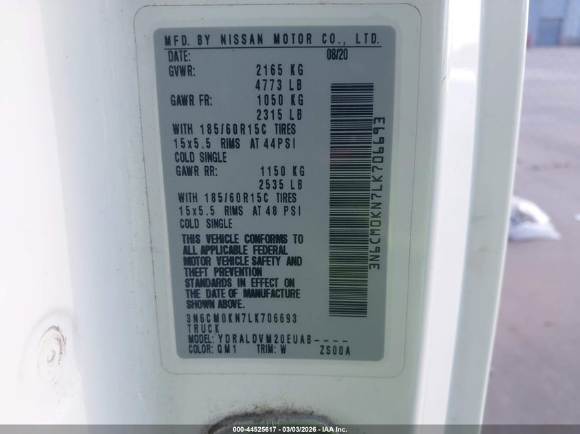 2020 Nissan Nv200 Compact Cargo S Xtronic Cvt VIN: 3N6CM0KN7LK706693 Lot: 44525617