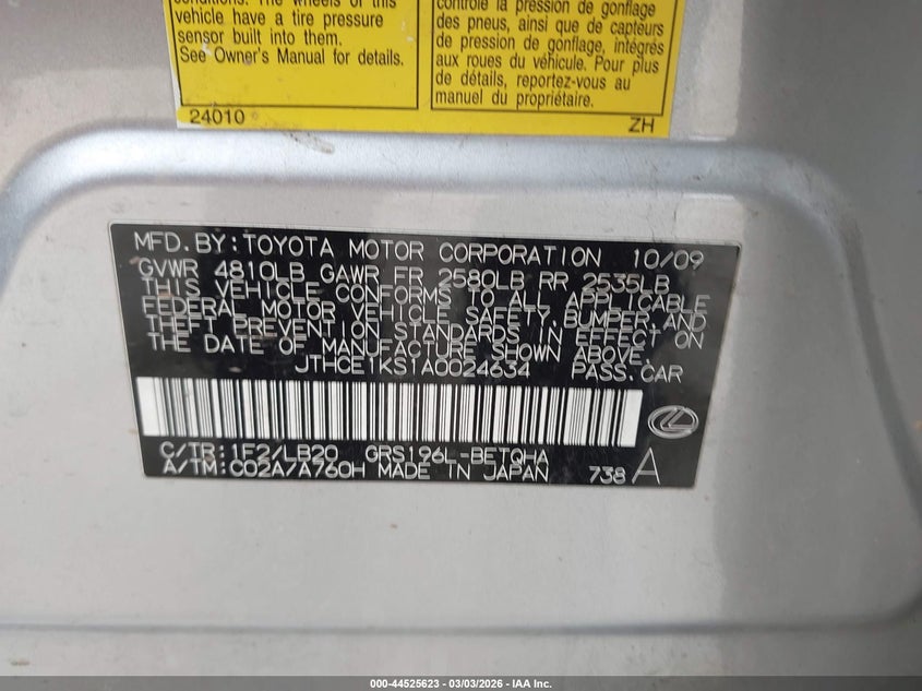 2010 Lexus Gs 350 VIN: JTHCE1KS1A0024634 Lot: 44525623