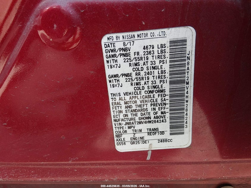 2017 Nissan Rogue Sl VIN: JN8AT2MV4HW284243 Lot: 44525635