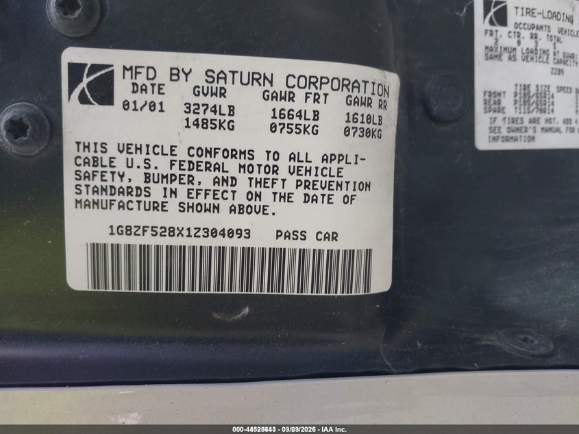 2001 Saturn Sl VIN: 1G8ZF528X1Z304093 Lot: 44525643