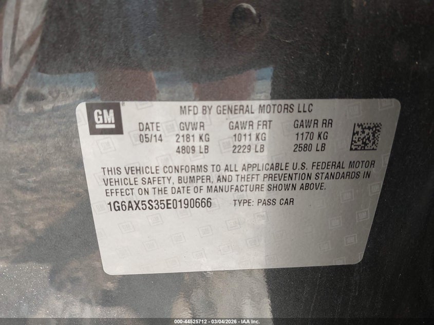 CADILLAC CTS 2014 VIN 1G6AX5S35E0190666