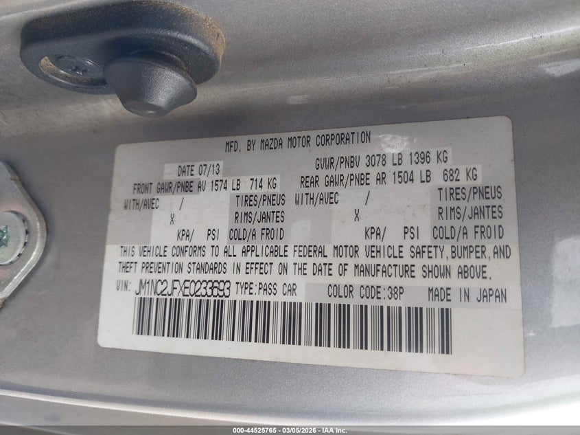 2014 Mazda Mx-5 Miata Sport VIN: JM1NC2JFXE0233693 Lot: 44525765