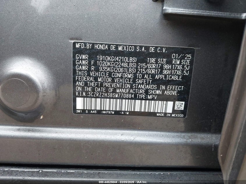 2025 Honda Hr-V Awd Lx VIN: 3CZRZ2H38SM770884 Lot: 44525844