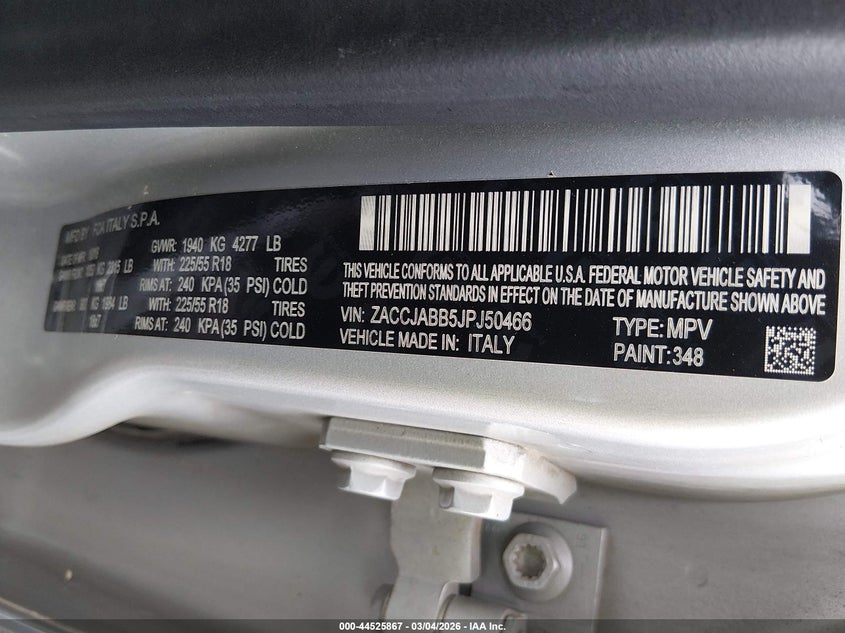 2018 Jeep Renegade Altitude Fwd VIN: ZACCJABB5JPJ50466 Lot: 44525867