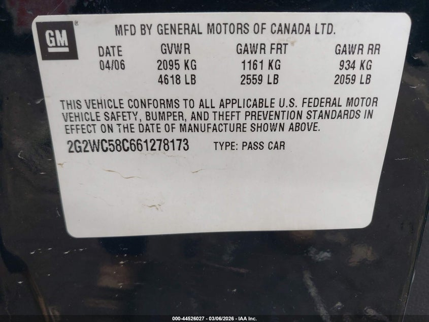2006 Pontiac Grand Prix Gxp VIN: 2G2WC58C661278173 Lot: 44526027