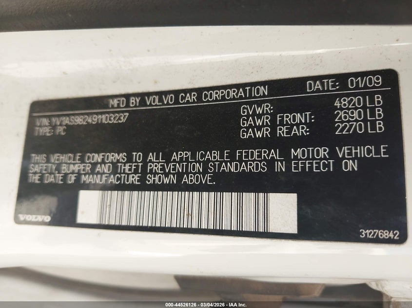 2009 Volvo S80 3.2 VIN: YV1AS982491103237 Lot: 44526126