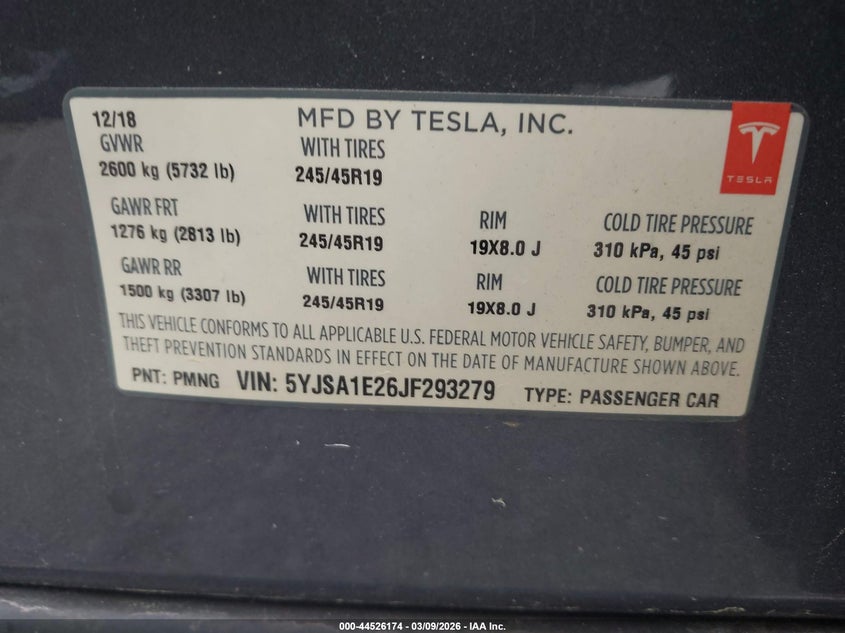 2018 Tesla Model S 100D/75D/P100D VIN: 5YJSA1E26JF293279 Lot: 44526174