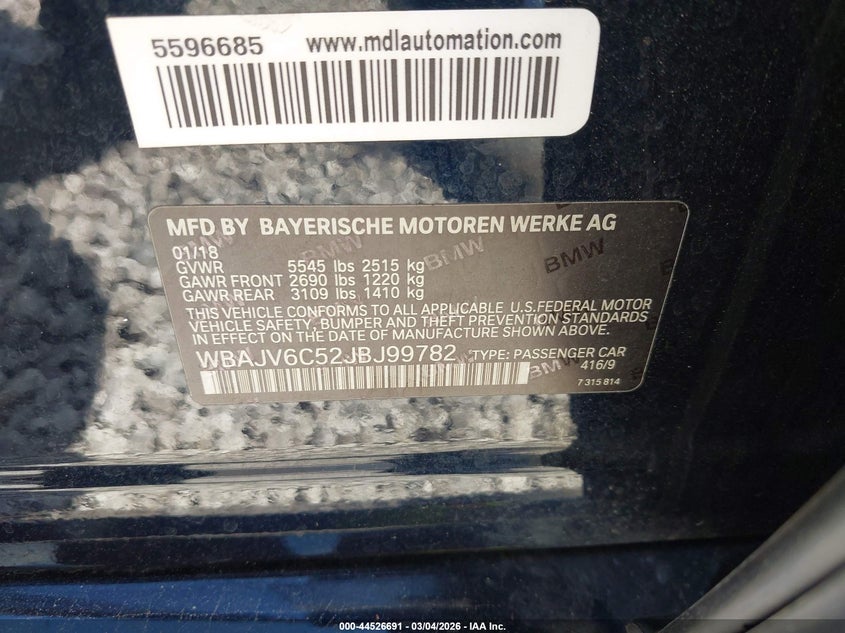 2018 BMW 640I Gran Turismo xDrive VIN: WBAJV6C52JBJ99782 Lot: 44526691