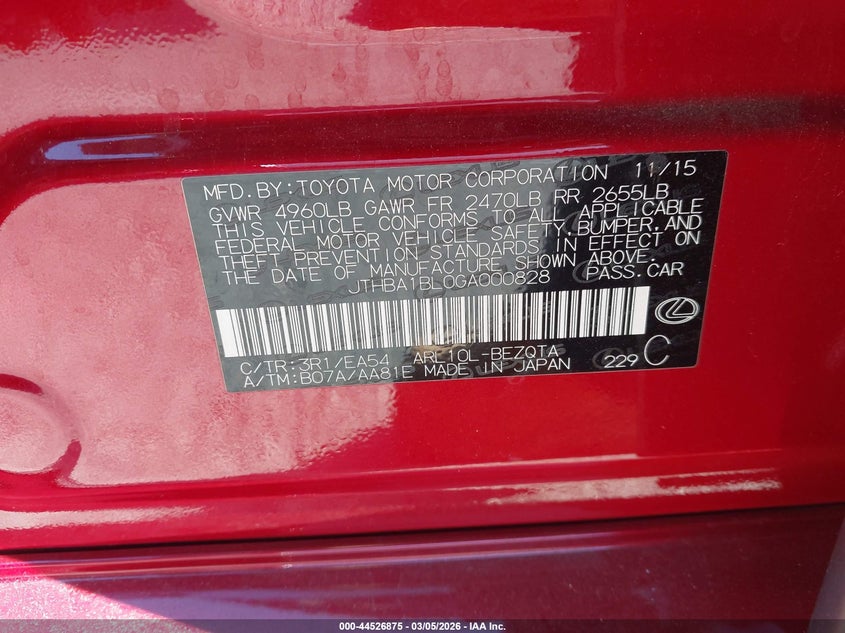 2016 Lexus Gs 200T VIN: JTHBA1BL0GA000828 Lot: 44526875