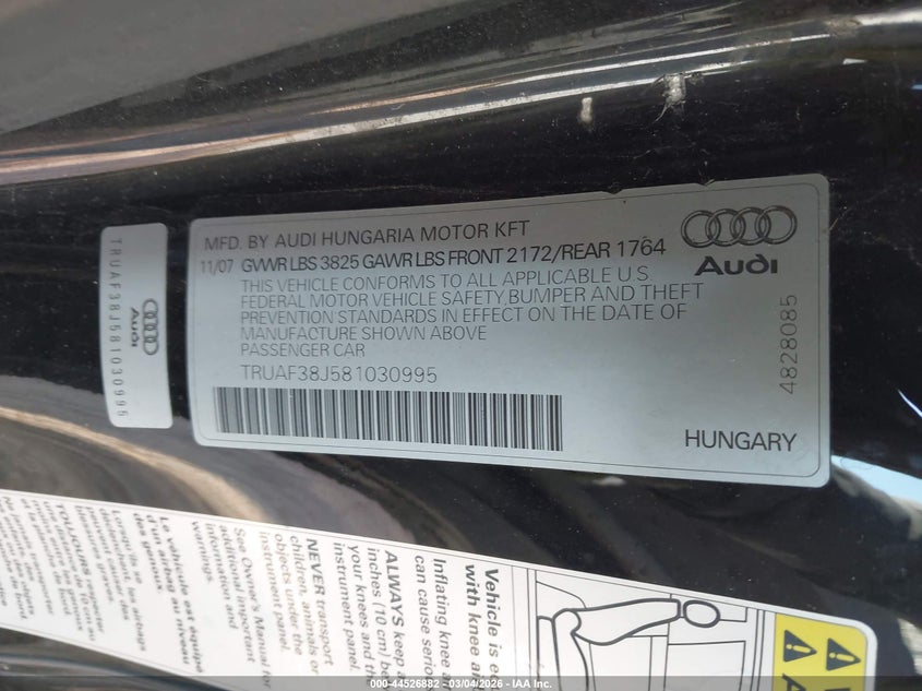 2008 Audi Tt 2.0T VIN: TRUAF38J581030995 Lot: 44526882
