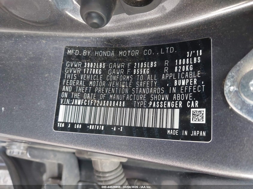 2018 Honda Civic Ex-L VIN: JHMFC1F72JX008488 Lot: 44526956