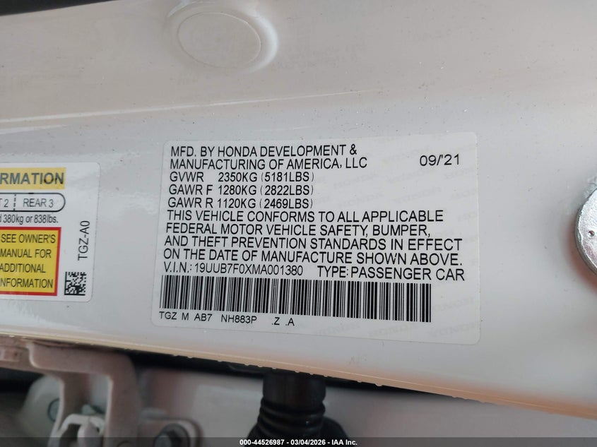 2021 Acura Tlx Type S VIN: 19UUB7F0XMA001380 Lot: 44526987