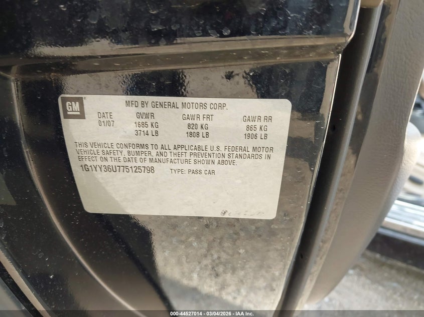 2007 Chevrolet Corvette VIN: 1G1YY36U775125798 Lot: 44527014