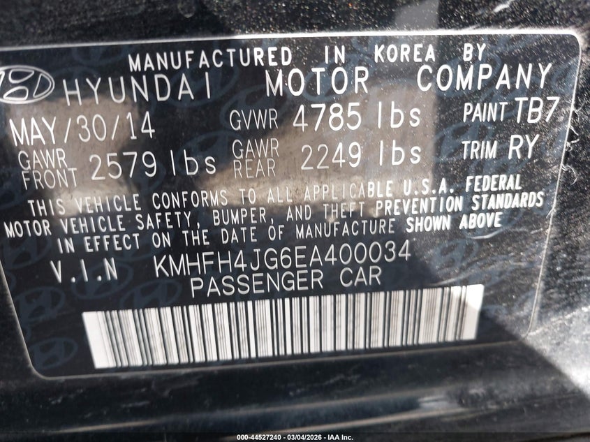 2014 Hyundai Azera Limited VIN: KMHFH4JG6EA400034 Lot: 44527240