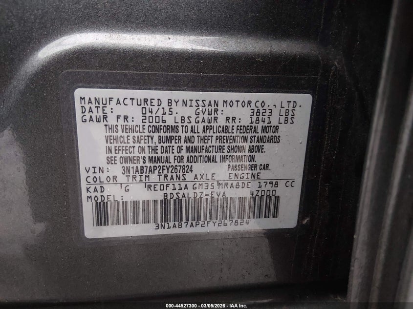 2015 Nissan Sentra Fe+ S/S/Sl/Sr/Sv VIN: 3N1AB7AP2FY267824 Lot: 44527300