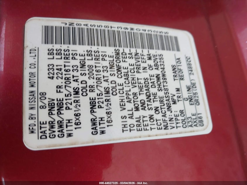 2009 Nissan Rogue S VIN: JN8AS58T39W043255 Lot: 44527325