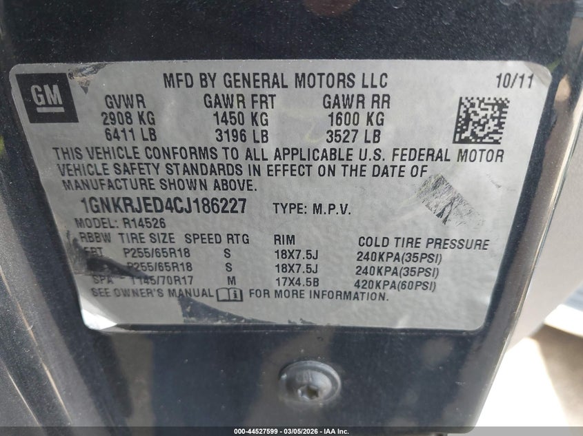 2012 Chevrolet Traverse 2Lt VIN: 1GNKRJED4CJ186227 Lot: 44527599