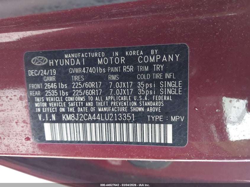 2020 Hyundai Tucson Se VIN: KM8J2CA44LU213351 Lot: 44527642