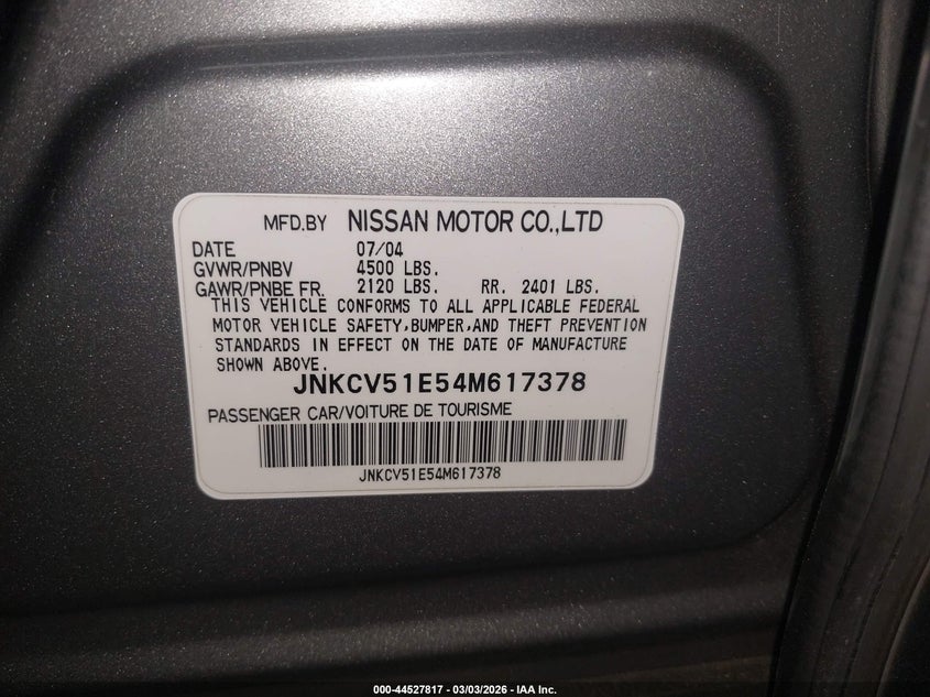 2004 Infiniti G35 VIN: JNKCV51E54M617378 Lot: 44527817