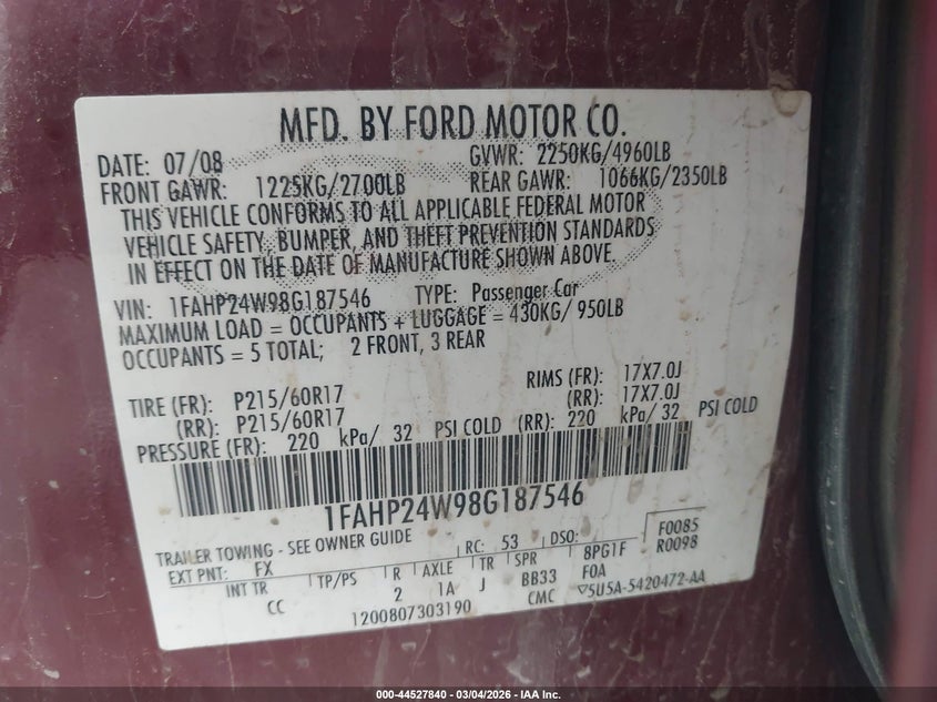 2008 Ford Taurus VIN: 1FAHP24W98G187456 Lot: 44527840