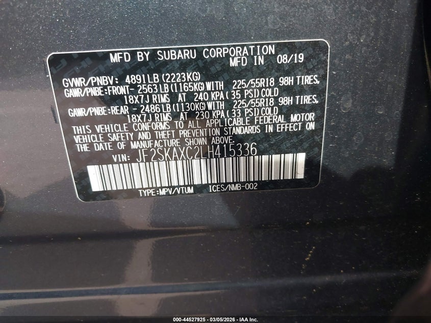 2020 Subaru Forester Touring VIN: JF2SKAXC2LH415336 Lot: 44527925