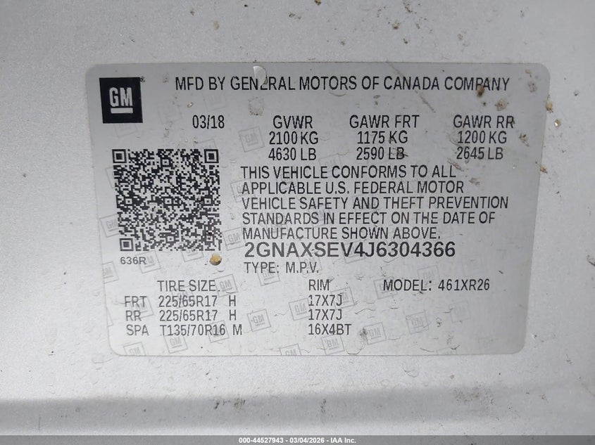 VIN 2GNAXSEV4J6304366 2018 CHEVROLET EQUINOX LT