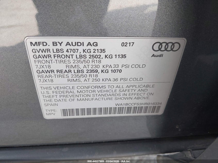 2017 Audi Q3 2.0T Premium VIN: WA1BCCFS3HR016334 Lot: 44527989