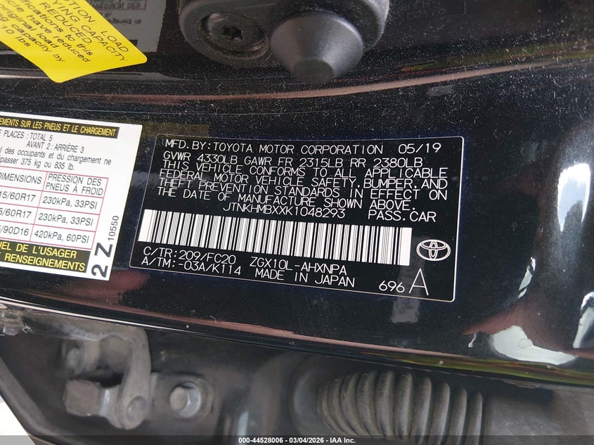 2019 Toyota C-Hr Le VIN: JTNKHMBXXK1048293 Lot: 44528006