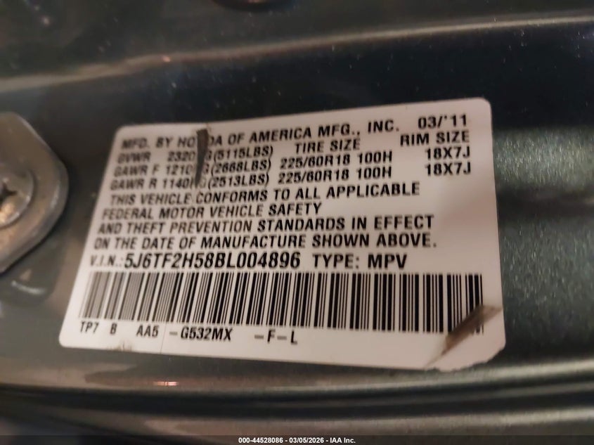 2011 Honda Accord Crosstour Ex-L VIN: 5J6TF2H58BL004896 Lot: 44528086