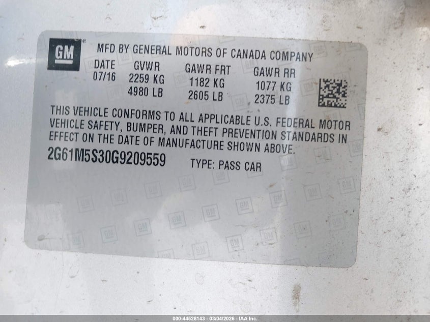 2016 Cadillac Xts Luxury Collection VIN: 2G61M5S30G9209559 Lot: 44528143