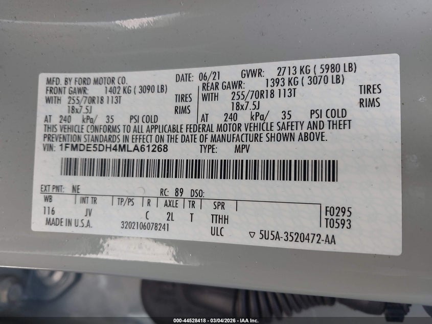 FORD BRONCO 2021 VIN 1FMDE5DH4MLA61268