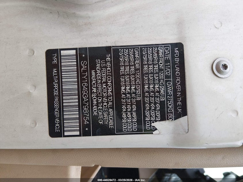 2003 Land Rover Discovery Se VIN: SALTY16493A798754 Lot: 44528472