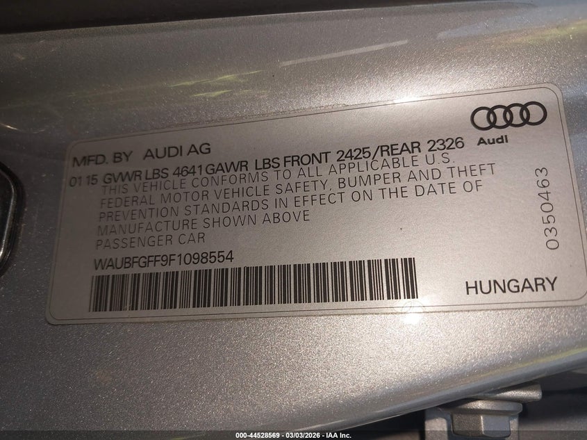 2015 Audi S3 2.0T Premium Plus VIN: WAUBFGFF9F1098554 Lot: 44528569